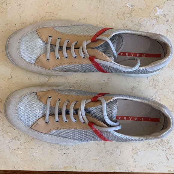 Prada sneakers. Size 10.5. Tan and silver mesh/suede with red detailing - Picture 5 of 9